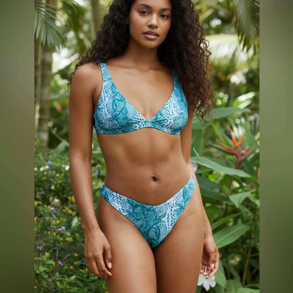 Aerie Womens Teal Snake Super High Cut Cheekiest Bikini Bottom